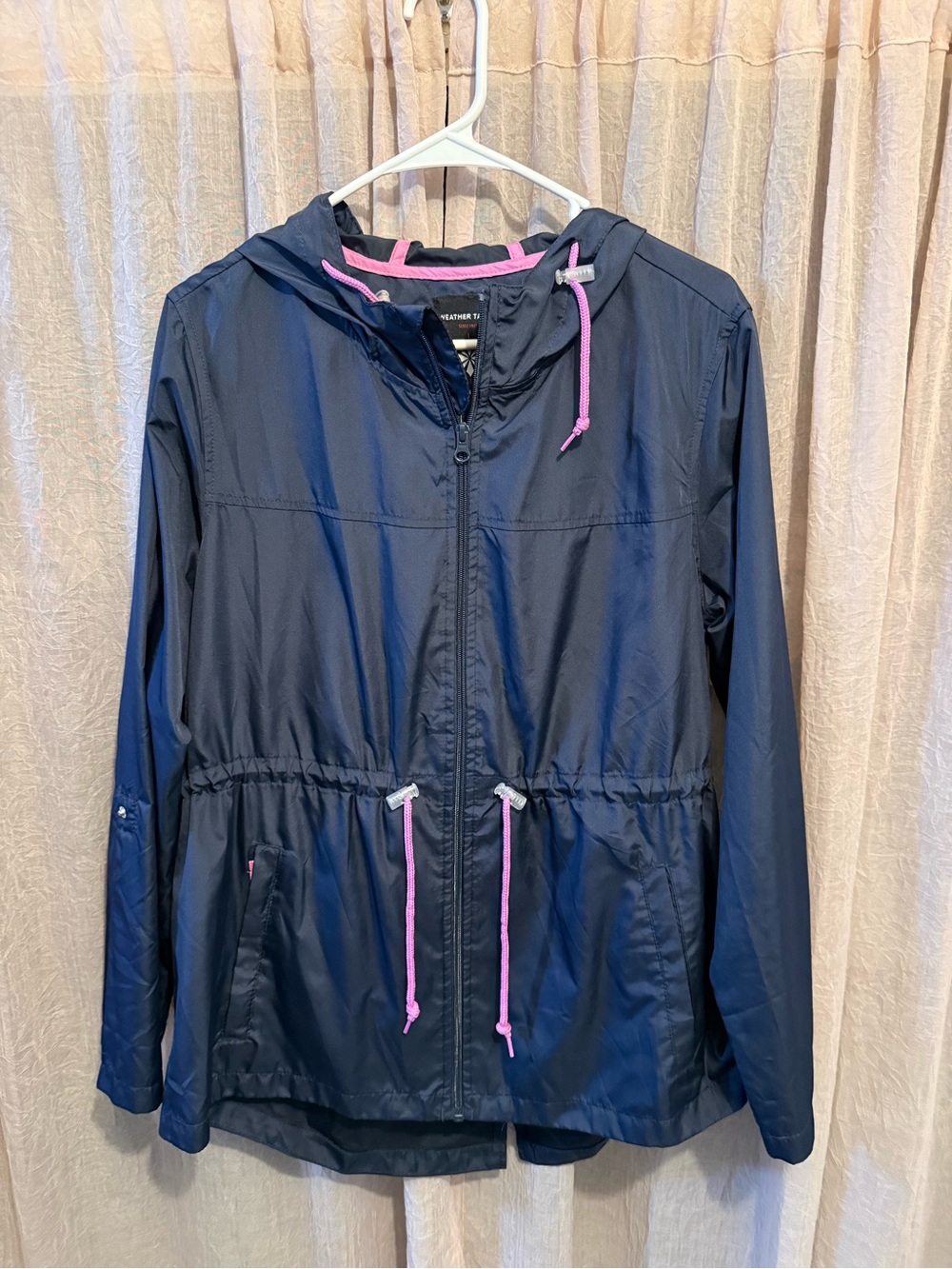 Hooded Utility Anorak Jacket in Navy with Pink Trim